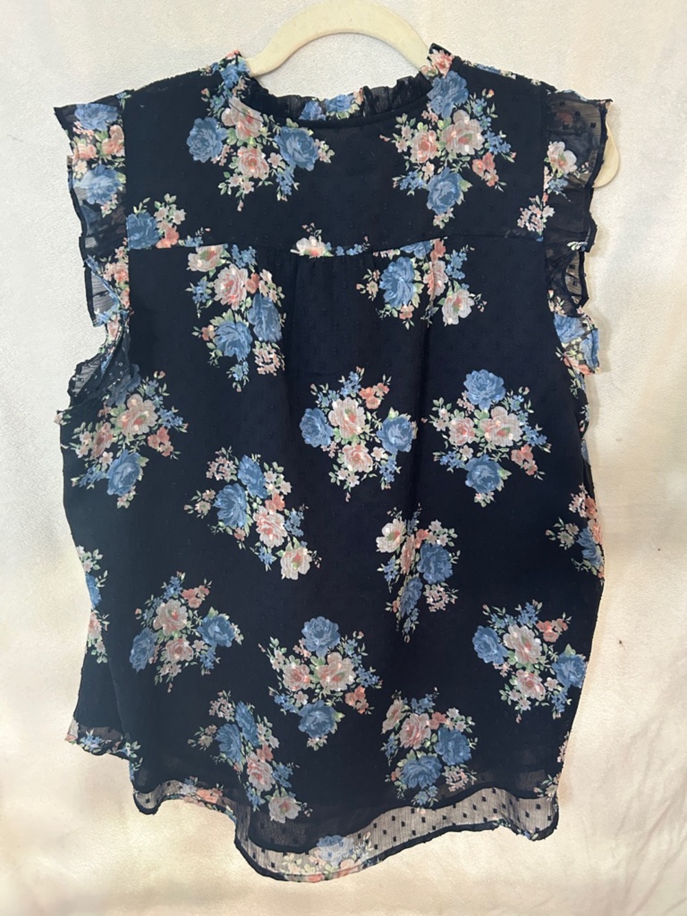 LOFT Navy Floral Button-Front Ruffle Sleeve Top - Picture 8 of 10